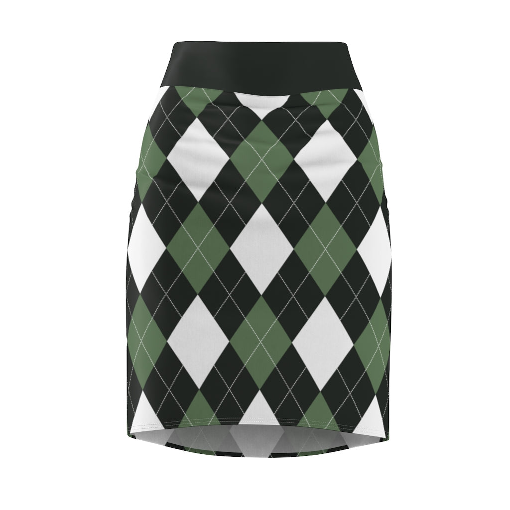 Uniquely You Womens Pencil Skirt / Green and White Argyle Stretch Mini