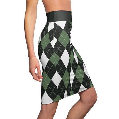 Uniquely You Womens Pencil Skirt / Green and White Argyle Stretch Mini