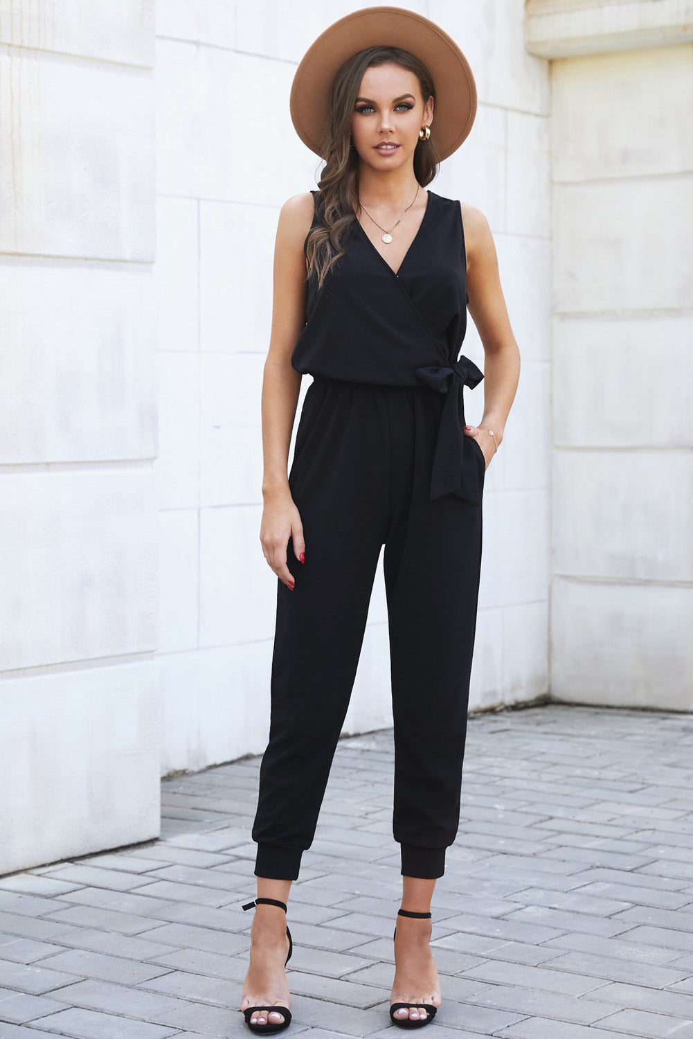 Fashion Black Deep V-neck Sleeveless Solid Jumpsuit