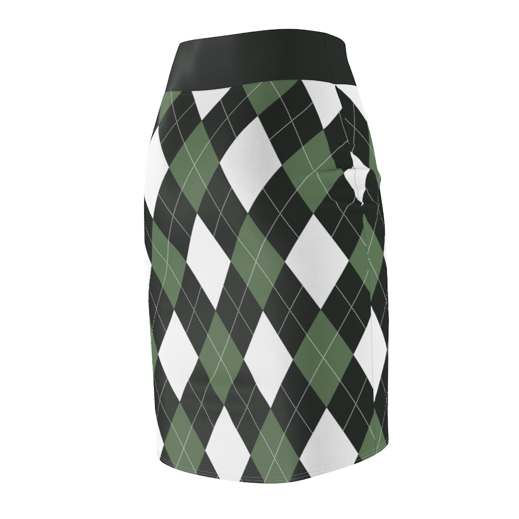 Uniquely You Womens Pencil Skirt / Green and White Argyle Stretch Mini