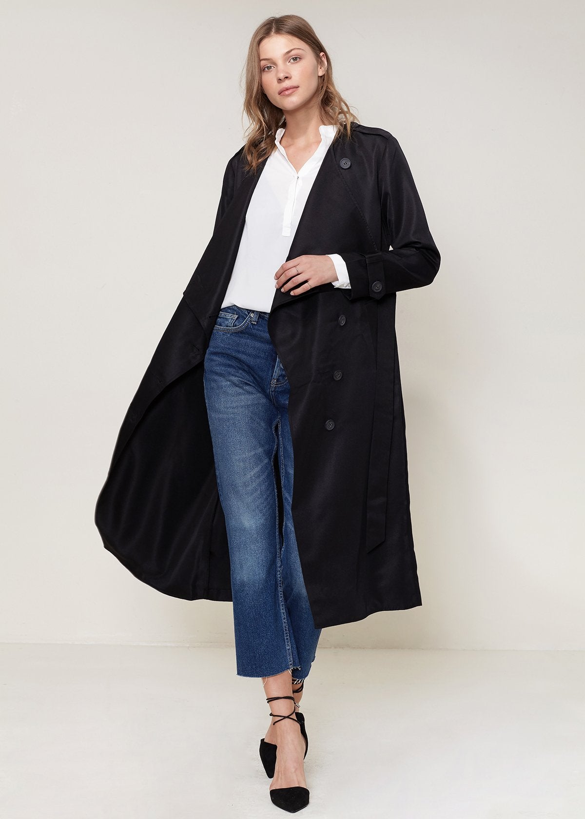 Ro &amp; De Tie Waist Maxi Trench Coat In Black