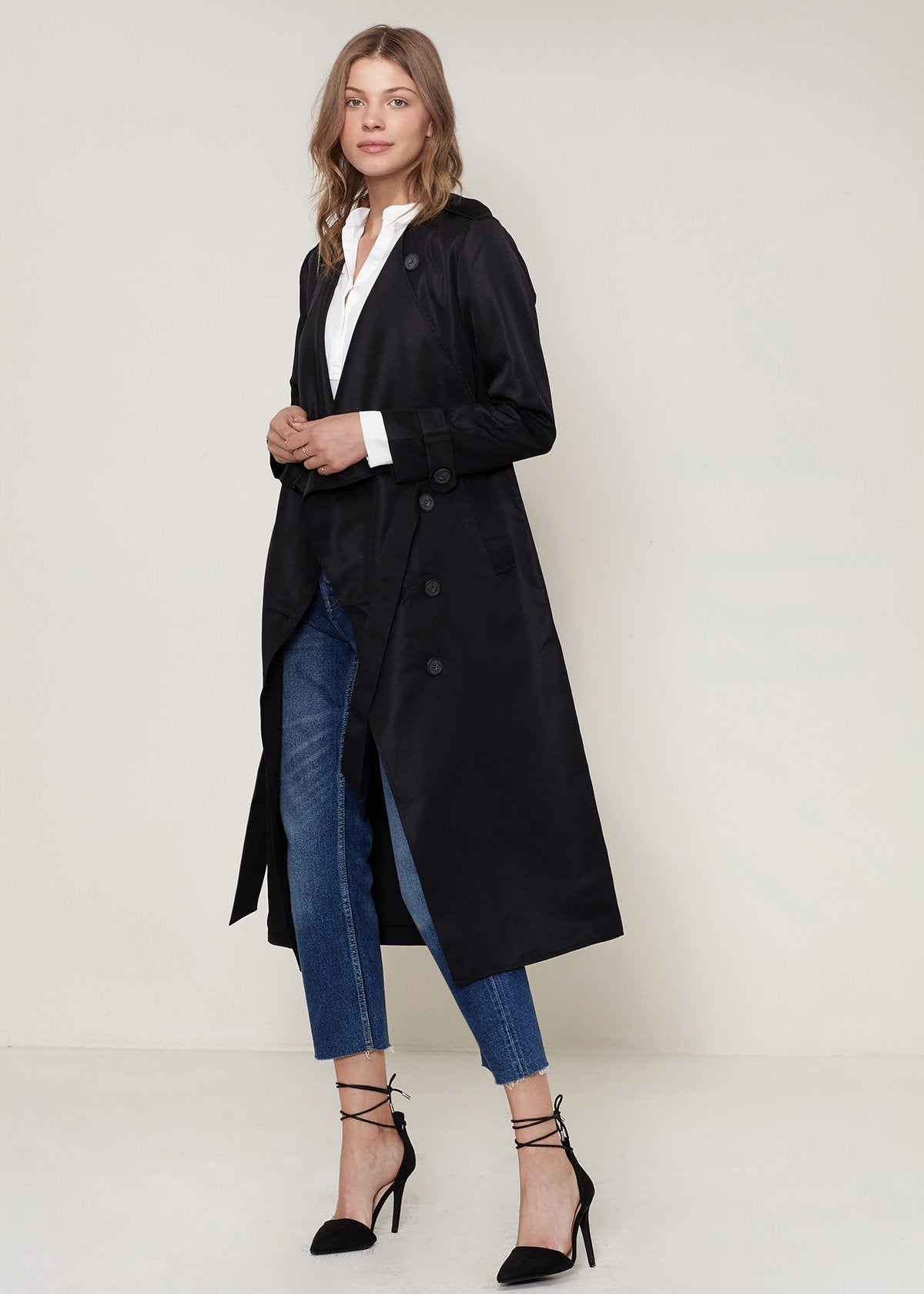 Ro &amp; De Tie Waist Maxi Trench Coat In Black