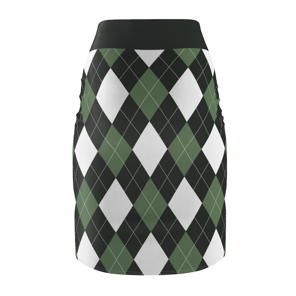 Uniquely You Womens Pencil Skirt / Green and White Argyle Stretch Mini