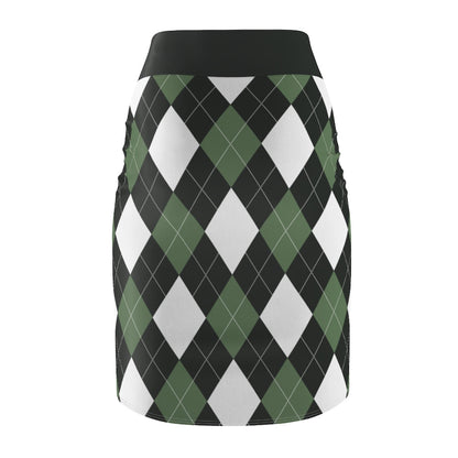 Uniquely You Womens Pencil Skirt / Green and White Argyle Stretch Mini