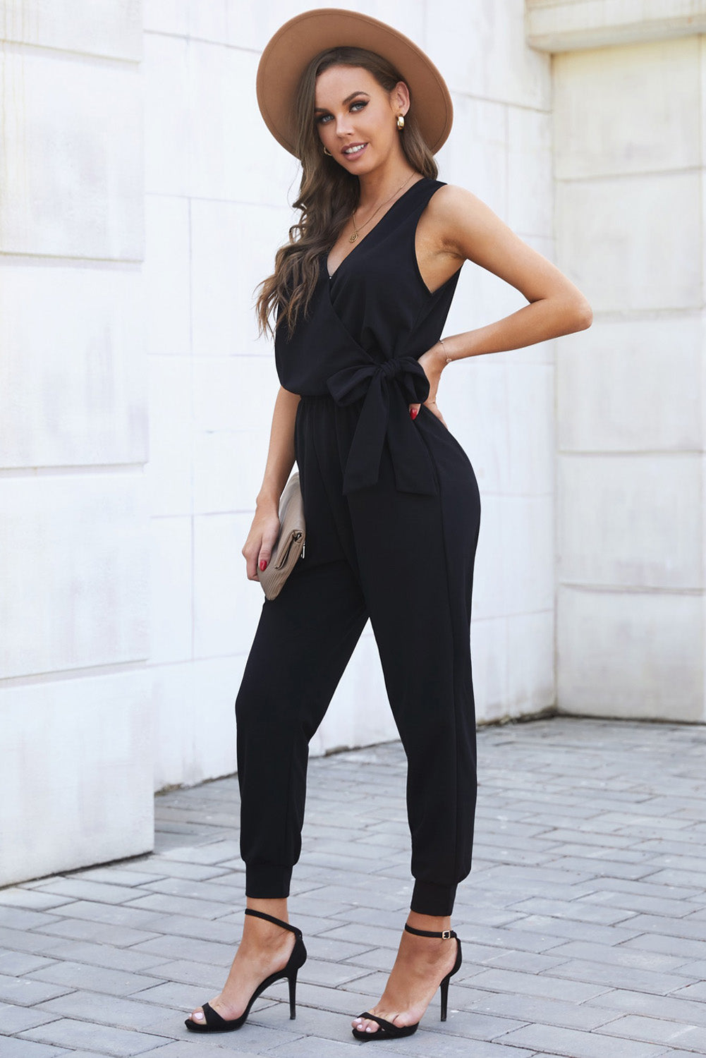 Fashion Black Deep V-neck Sleeveless Solid Jumpsuit