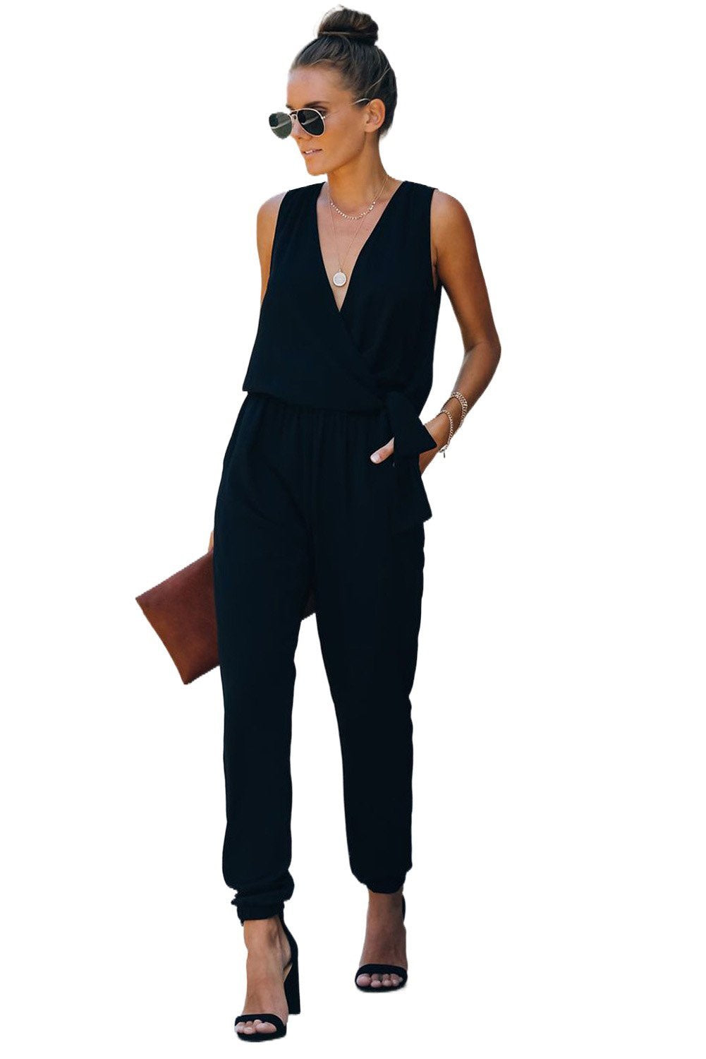 Fashion Black Deep V-neck Sleeveless Solid Jumpsuit