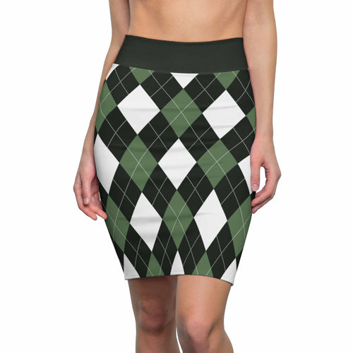 Uniquely You Womens Pencil Skirt / Green and White Argyle Stretch Mini